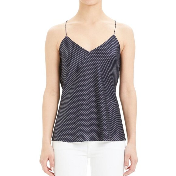 Theory 100% Silk Draped Back Slip Top in Double Stripe Navy White sz L - Picture 1 of 9
